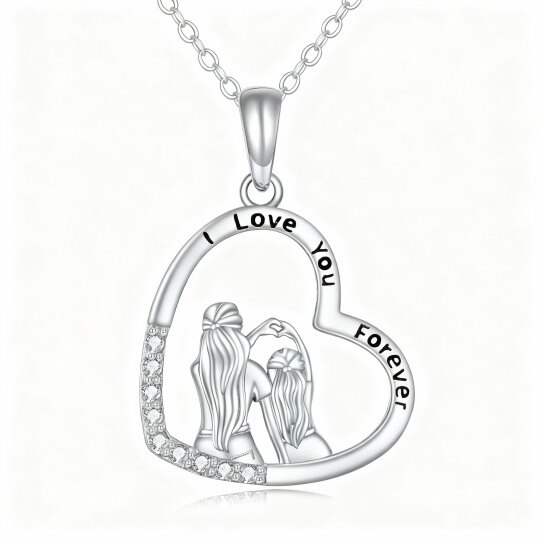 10K White Gold Cubic Zirconia Mother & Daughter & Heart Pendant Necklace with Engraved Word