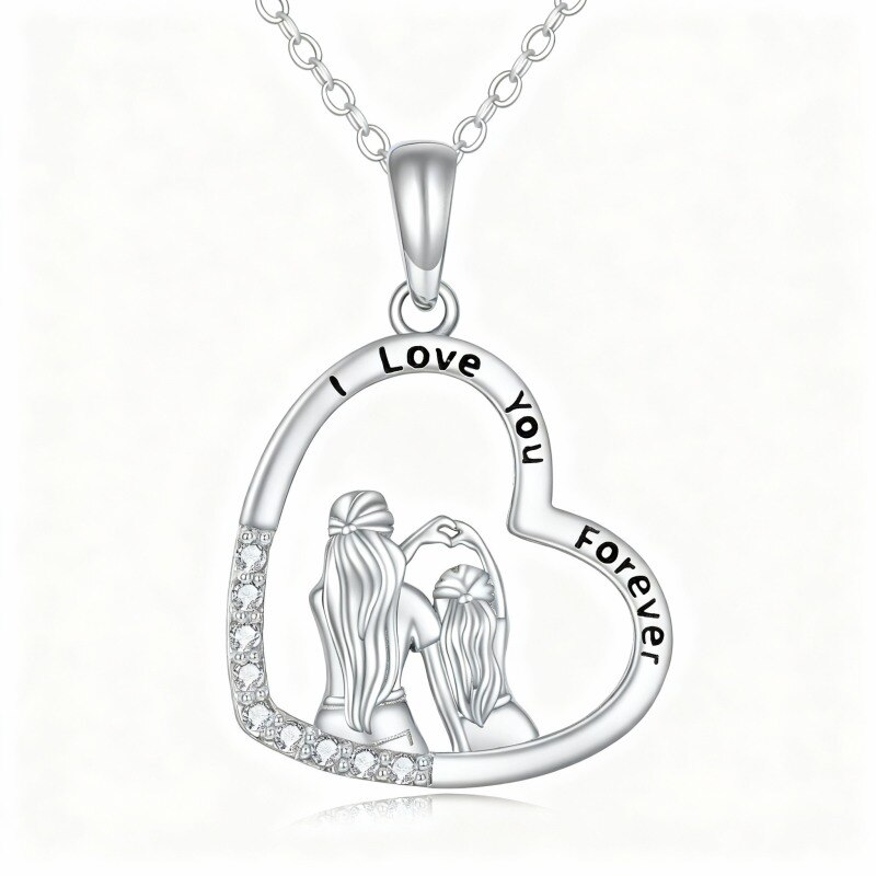 Collar con colgante de corazón y madre con circonitas cúbicas en oro blanco de 10 quilates con palabra grabada-20