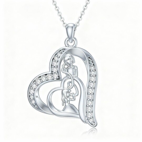 Collier pendentif en or blanc 10 carats avec zircon cubique, symbole mère-fille et cœur.