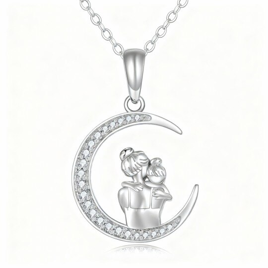 9K White Gold Cubic Zirconia Mother & Daughter & Moon Pendant Necklace