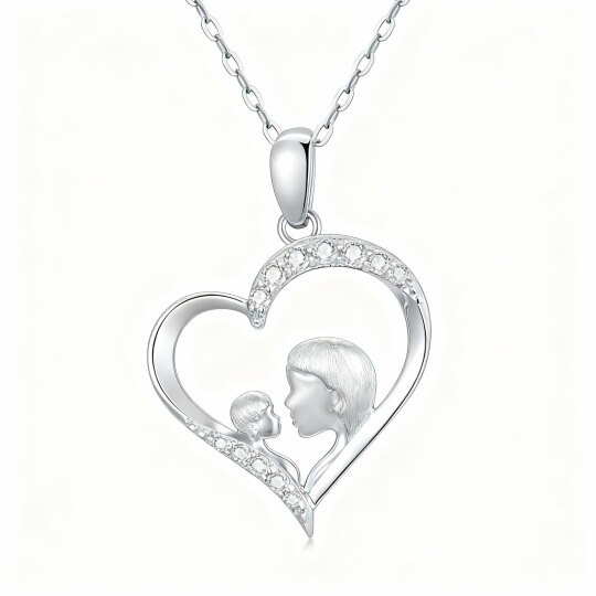 Collar con colgante de corazón y madre en oro blanco de 10 quilates con circonitas cúbicas