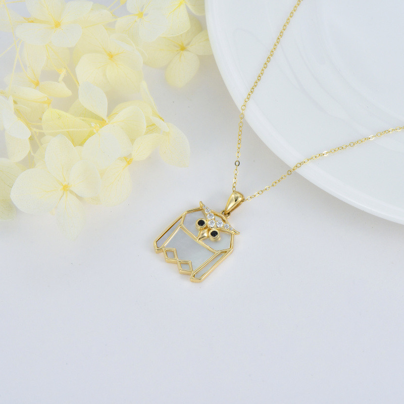 18K Gold Cubic Zirconia & Mother Of Pearl Owl Pendant Necklace-3