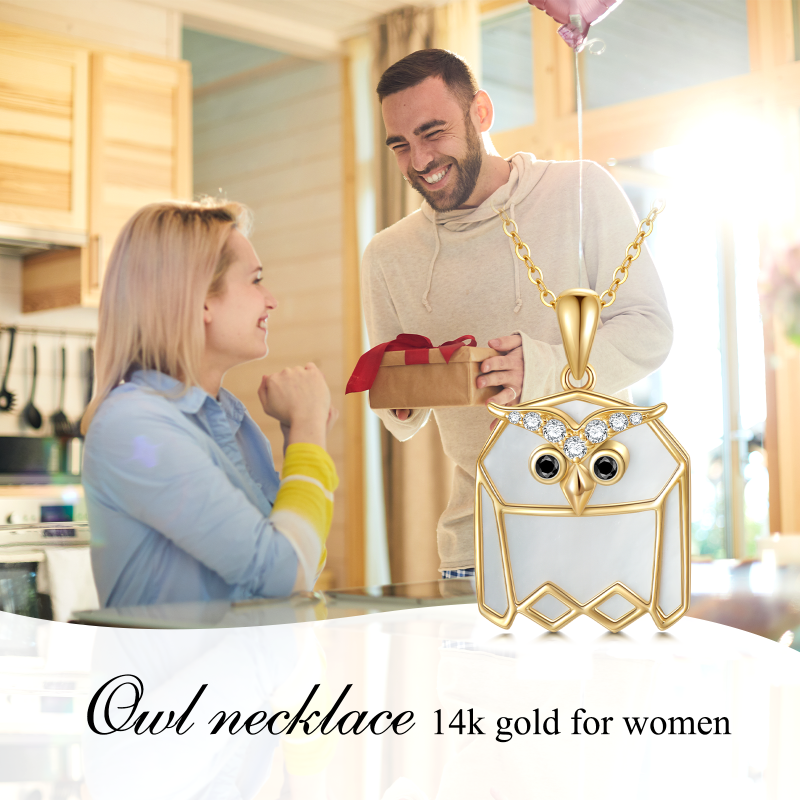18K Gold Cubic Zirconia & Mother Of Pearl Owl Pendant Necklace-5