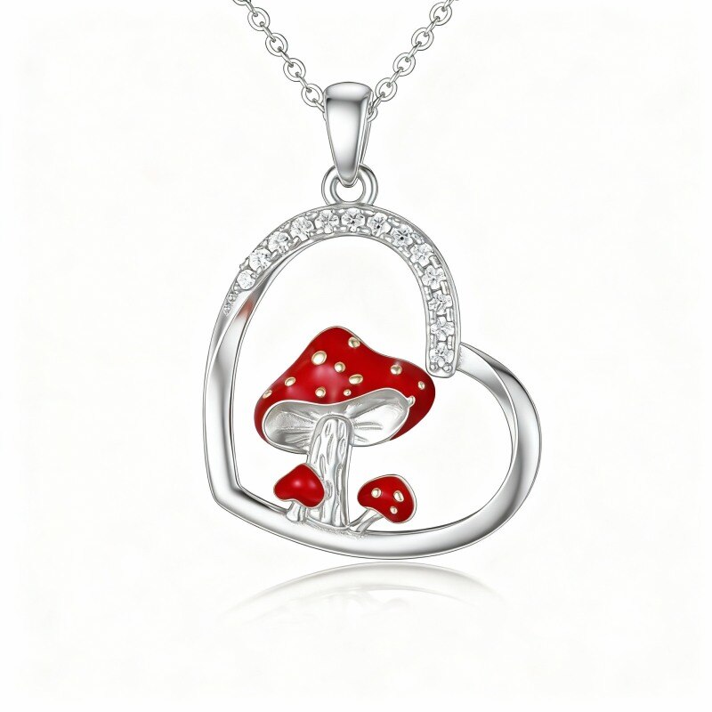 Collar con colgante de seta y corazón de circonita cúbica en oro blanco de 10 quilates-17