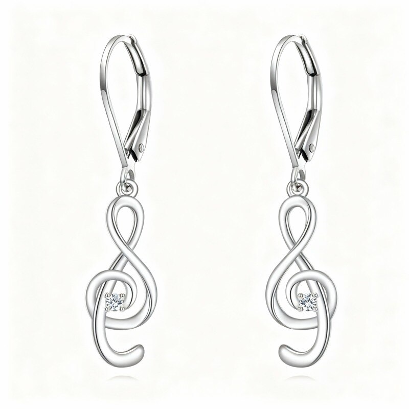 18K White Gold Cubic Zirconia Music Symbol Lever-back Earrings-1