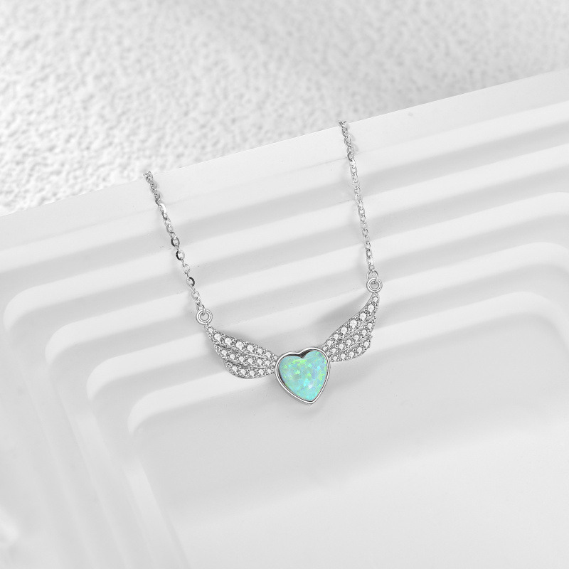 14K Gold Cubic Zirconia & Opal Angel Wing Pendant Necklace-3