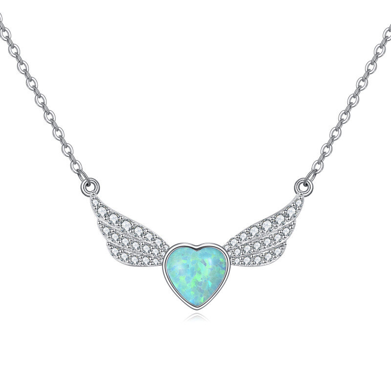 Collier pendentif aile d'ange en platine plaqué or blanc, zircon cubique et opale-1