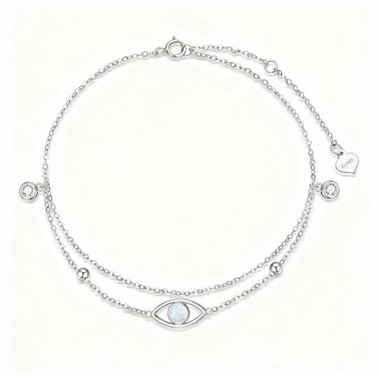 Bracelet de cheville multicouche en or blanc 10 carats avec perle en zircon cubique et opale et breloque œil protecteur