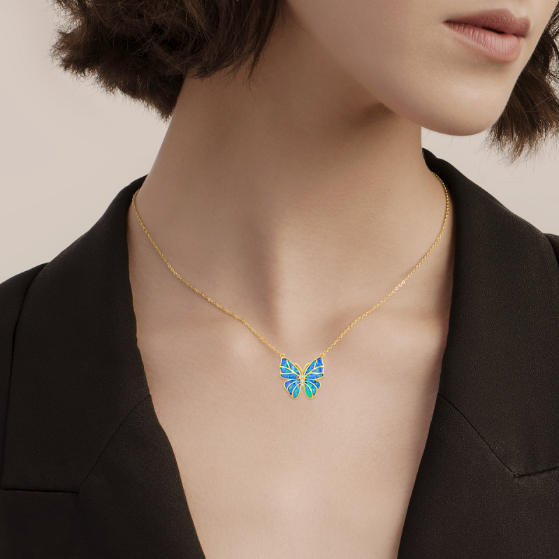 10K Rose Gold Cubic Zirconia & Opal Butterfly Pendant Necklace-2