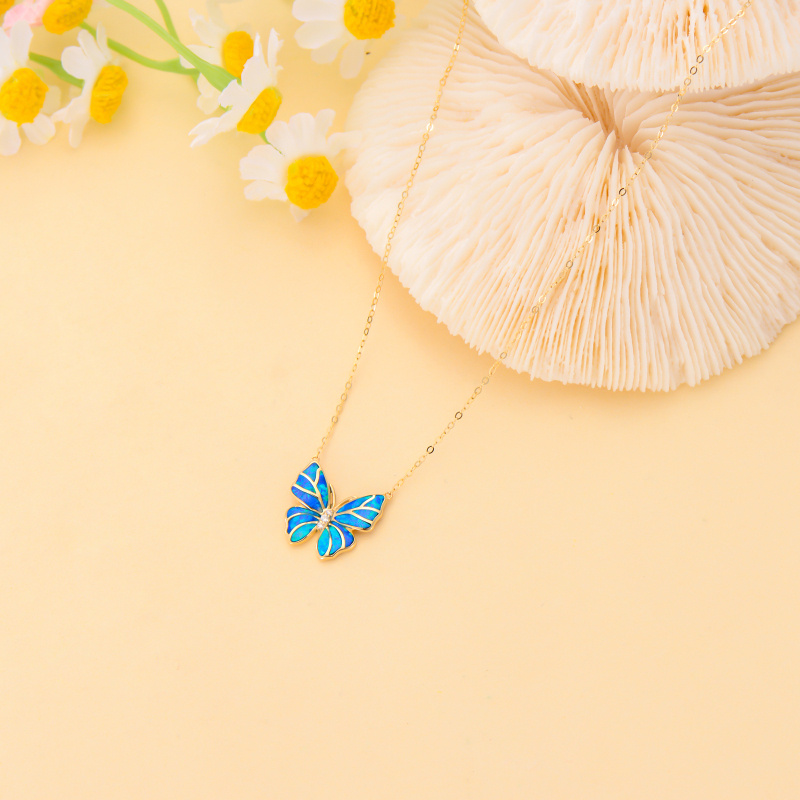 10K Rose Gold Cubic Zirconia & Opal Butterfly Pendant Necklace-4