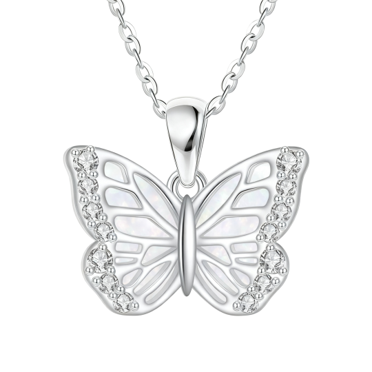 Colar com pendente de borboleta em ouro branco 10K com zircónias cúbicas e opala