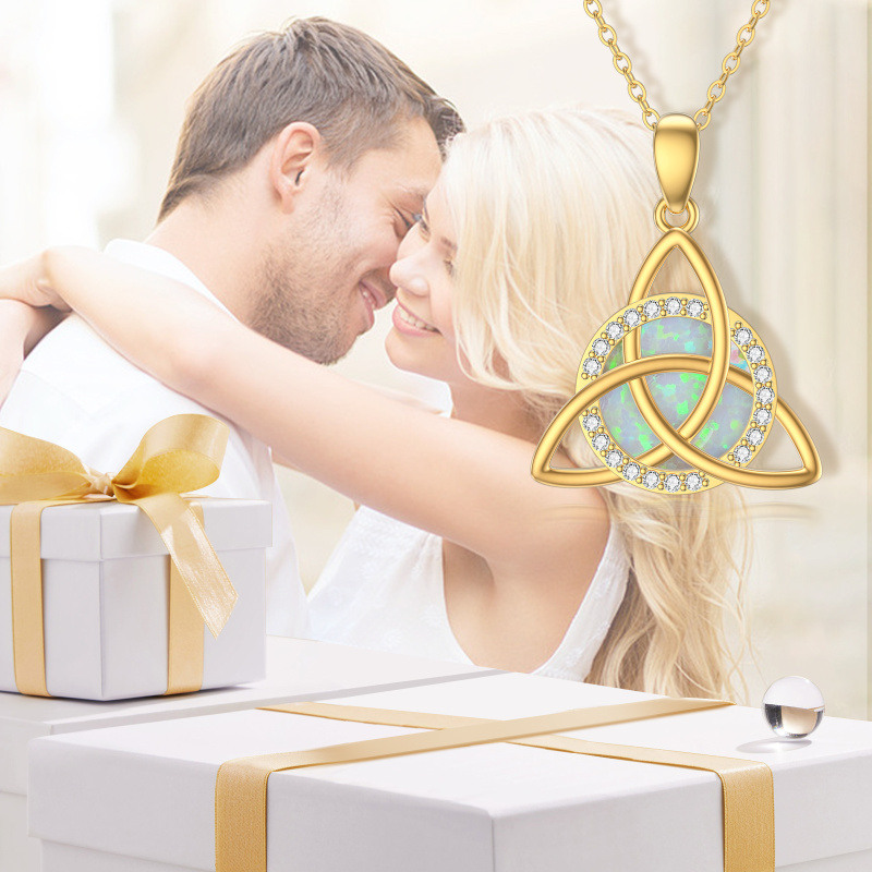 18K Gold Opal & Cubic Zirconia Celtic Knot Pendant Necklace-5