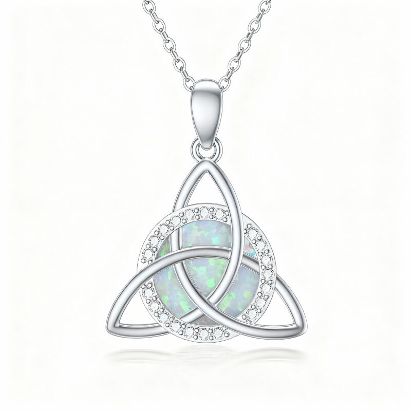 Collier pendentif nœud celtique en platine plaqué or blanc avec zircon cubique et opale-1