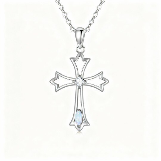 Collier pendentif croix en or blanc 10 carats, zircon cubique et opale