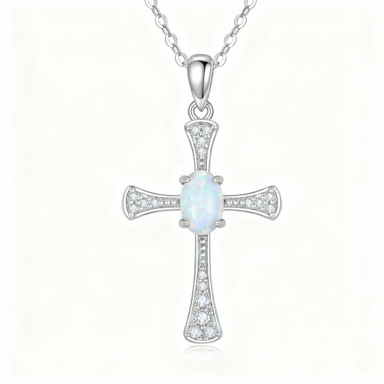 Collier pendentif croix en or blanc 10 carats, zircon cubique et opale