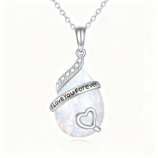 Collar con colgante de oro blanco de 10 quilates, circonita cúbica y ópalo en forma de gota y corazón con palabra grabada
