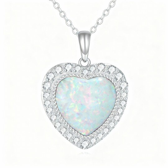 Collar con colgante de corazón de oro blanco de 10 quilates con circonitas cúbicas y ópalo