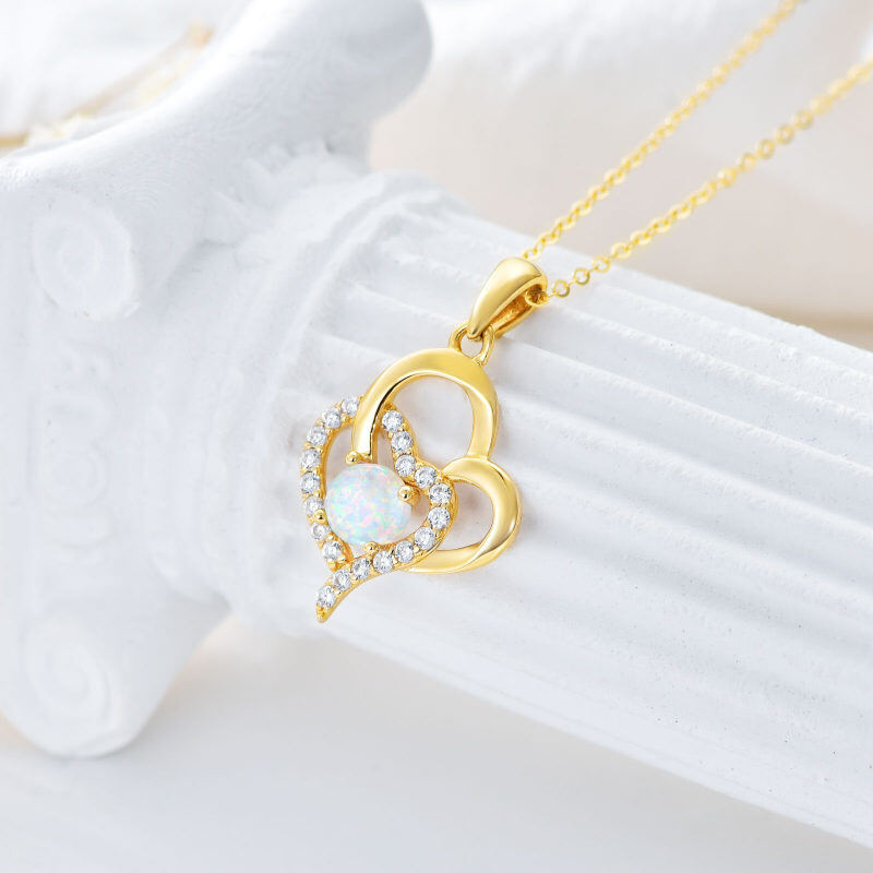 Collier pendentif cœur en or rose 18 carats, zircon cubique et opale-3