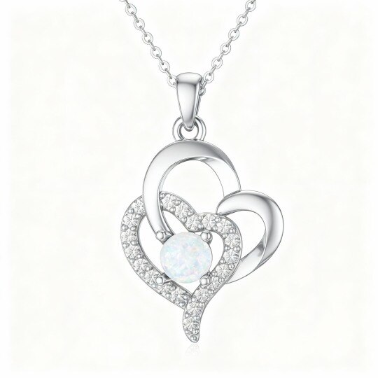 Collier pendentif cœur en or blanc 10 carats, zircon cubique et opale