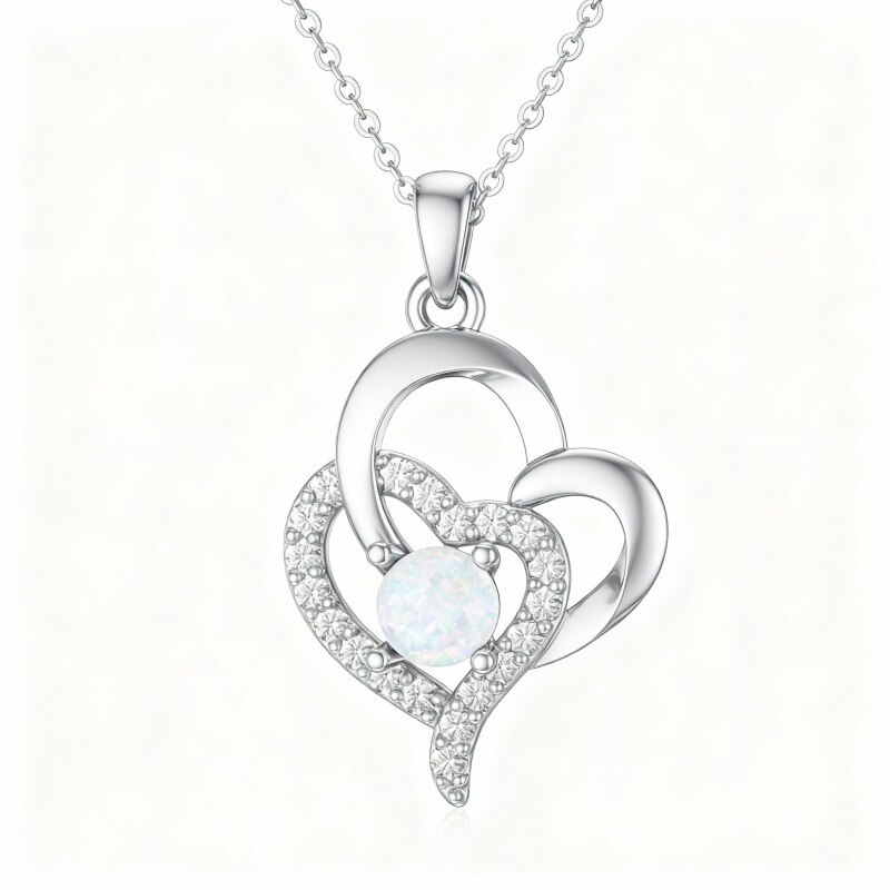 Collier pendentif cœur en or blanc 10 carats, zircon cubique et opale-1