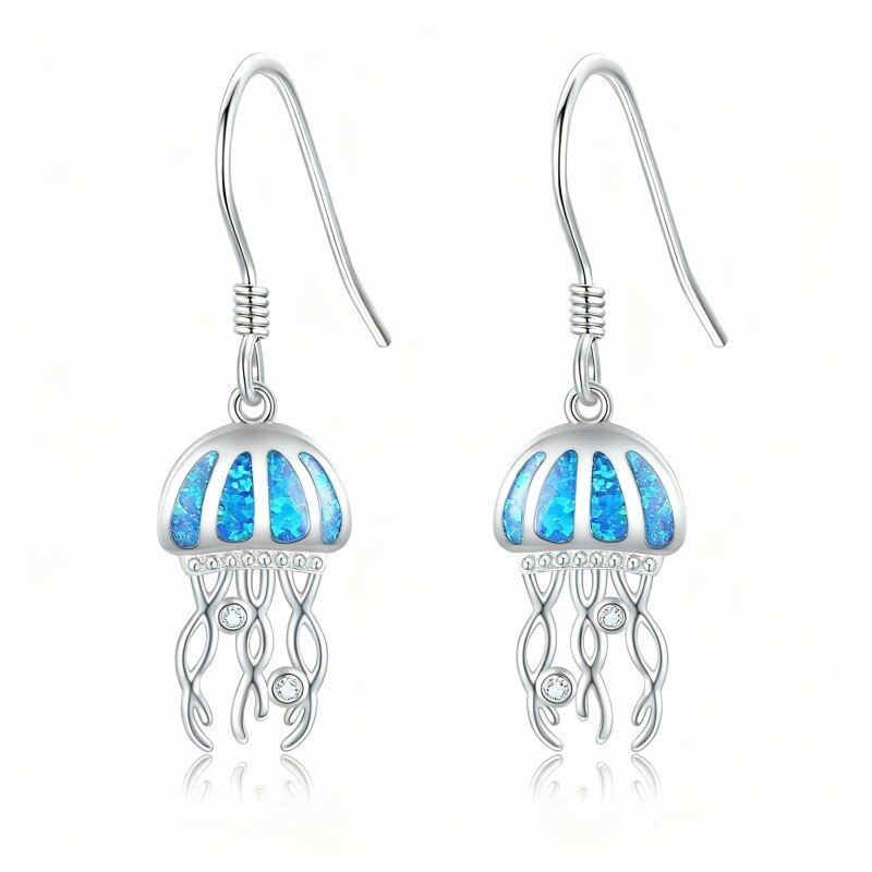 Ohrhänger in Quallenform aus 14-karätigem Weißgold mit Zirkonia und Opal-1
