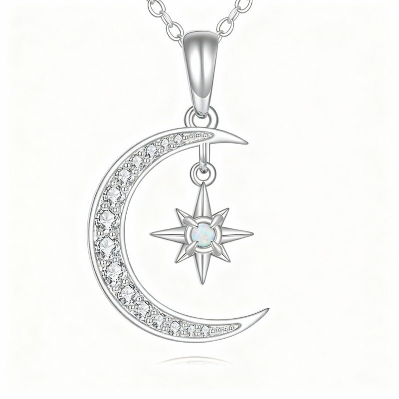 Halskette mit Mond- und Sternanhänger aus 18-karätigem Weißgold, besetzt mit Zirkonia und Opal.-1