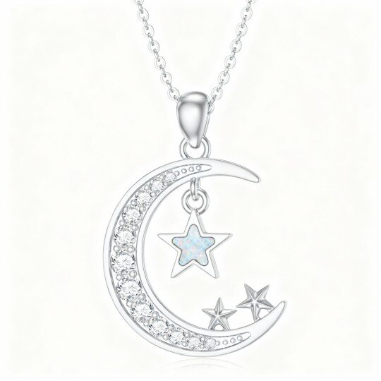 Collar con colgante de luna y estrella en oro blanco de 10 quilates con circonitas cúbicas y ópalo