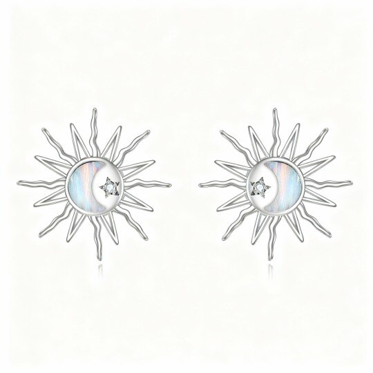 10K White Gold Cubic Zirconia & Opal Moon & Sun Stud Earrings