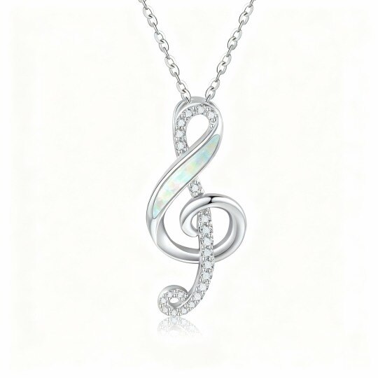Halskette aus 10-karätigem Weißgold mit Zirkonia und Opal, Anhänger mit Musiksymbol