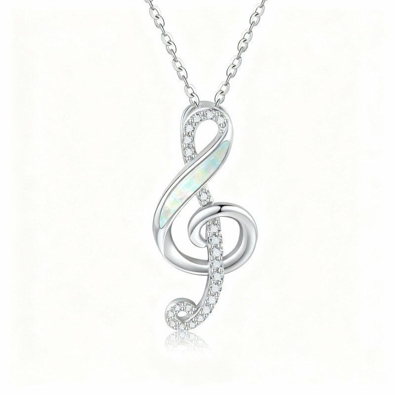 10K White Gold Cubic Zirconia & Opal Music Symbol Pendant Necklace-14