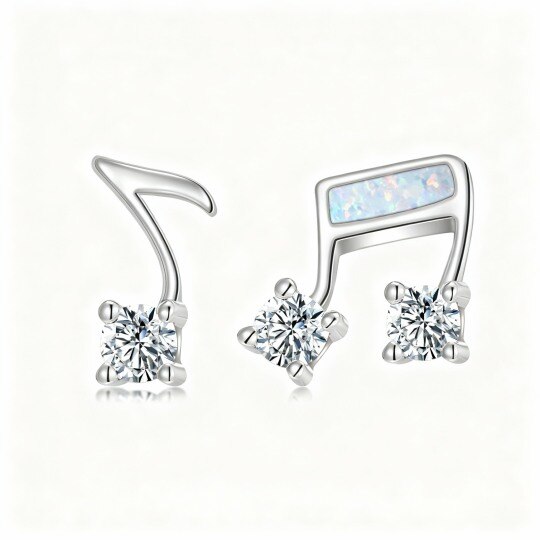 10K White Gold Cubic Zirconia & Opal Music Symbol Stud Earrings