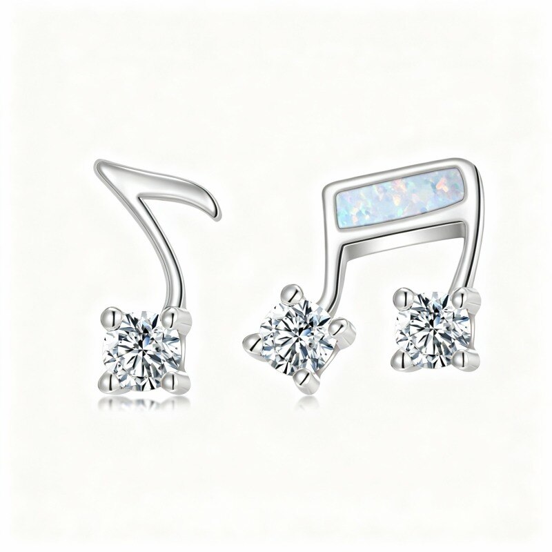10K White Gold Cubic Zirconia & Opal Music Symbol Stud Earrings-16