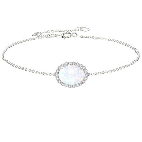 10K White Gold Cubic Zirconia & Opal Oval Shaped Charm Bracelet
