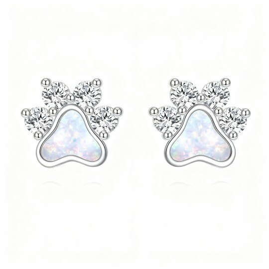 10K White Gold Cubic Zirconia & Opal Paw Stud Earrings