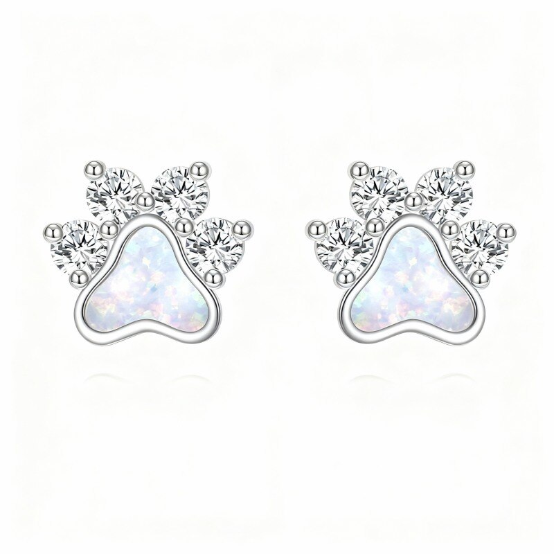 18K White Gold Cubic Zirconia & Opal Paw Stud Earrings-1