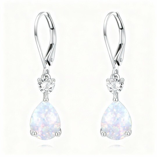 14K White Gold Cubic Zirconia & Opal Personalized Birthstone & Drop Shape & Heart Lever-back Earrings