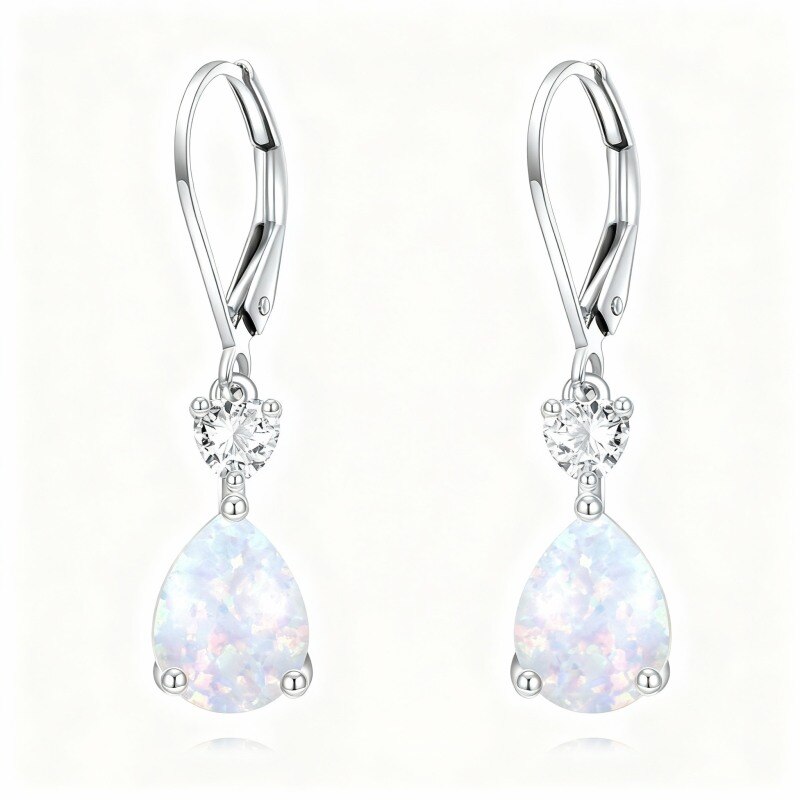 Platinum with White Gold Plated Cubic Zirconia & Opal Personalized Birthstone & Drop Shape & Heart Lever-back Earrings-1