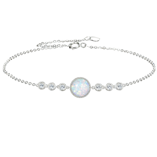 10K White Gold Cubic Zirconia & Opal Round Charm Bracelet