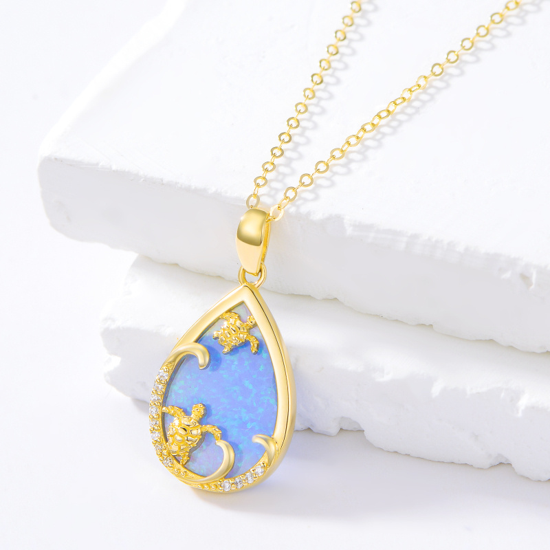 10K Gold Opal Sea Turtle & Drop Shape Pendant Necklace-4