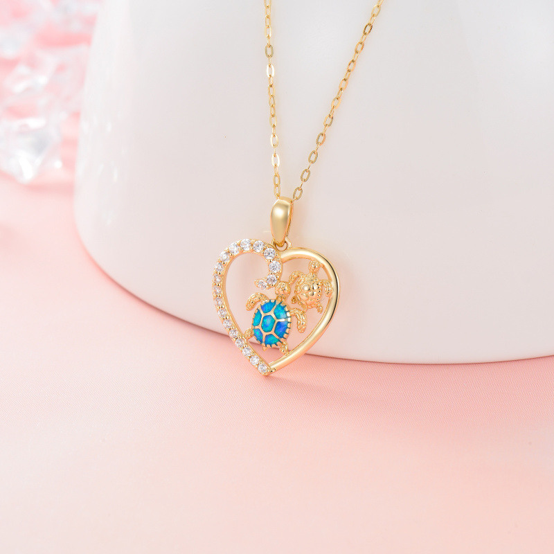 10K Gold Heart Cubic Zirconia & Opal Sea Turtle Pendant Necklace For Women-3