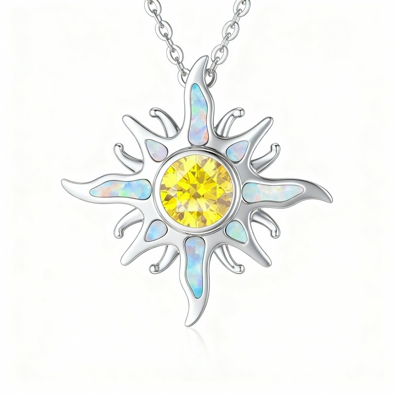 Collar con colgante de sol de oro blanco de 10 quilates con circonitas cúbicas y ópalo-20