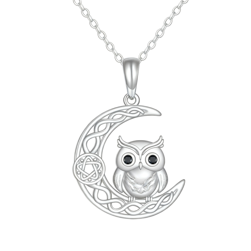 Collier pendentif hibou et nœud celtique en or blanc 10 carats et zircon cubique-1