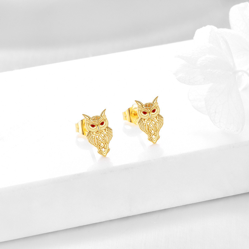 Boucles d'oreilles à clous en or 10 carats avec hibou et nœud celtique en zircon cubique-3