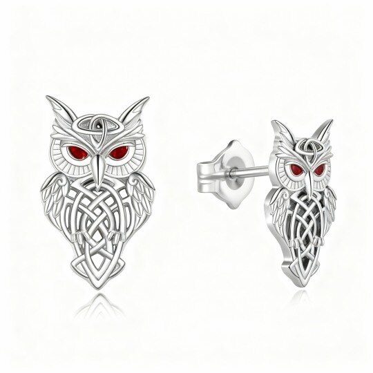 Boucles d'oreilles à clous en or blanc 10 carats avec zircon cubique, motif hibou et nœud celtique