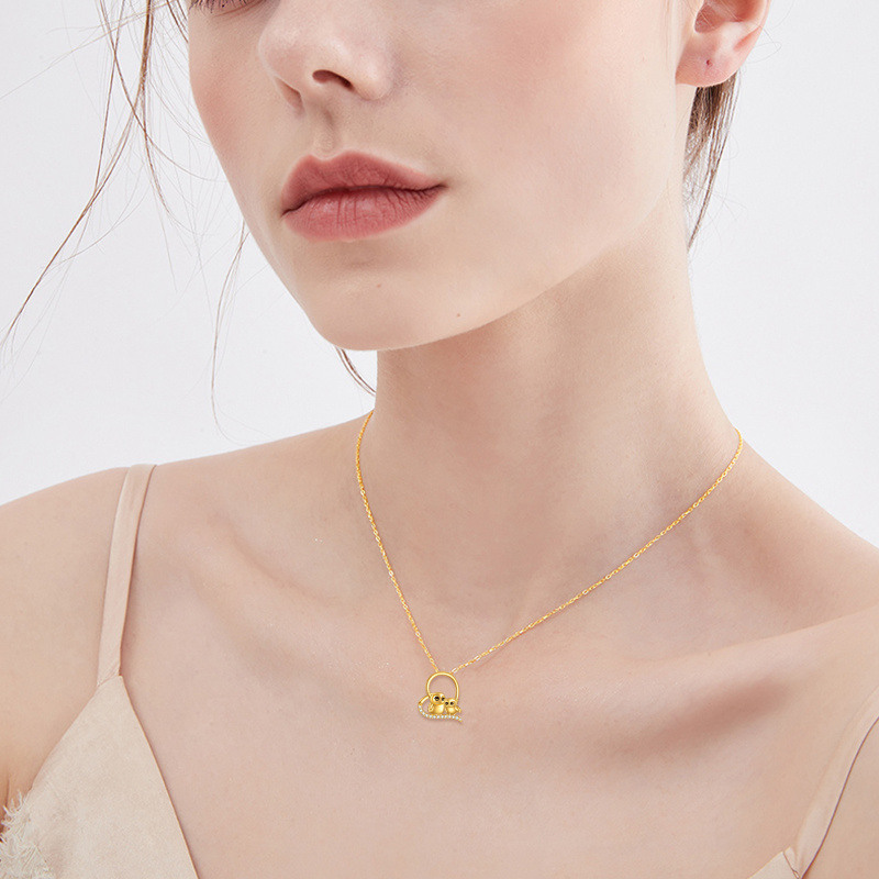 Halskette aus 14-karätigem Gold mit Zirkonia-Eule, Herzanhänger für Eltern und Kind-2