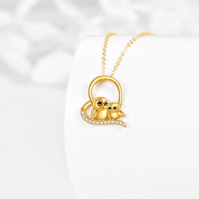 Halskette aus 14-karätigem Gold mit Zirkonia-Eule, Herzanhänger für Eltern und Kind-3