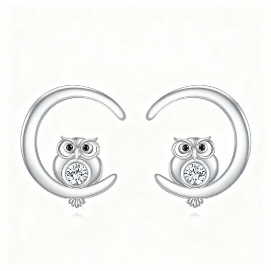10K White Gold Cubic Zirconia Owl Stud Earrings