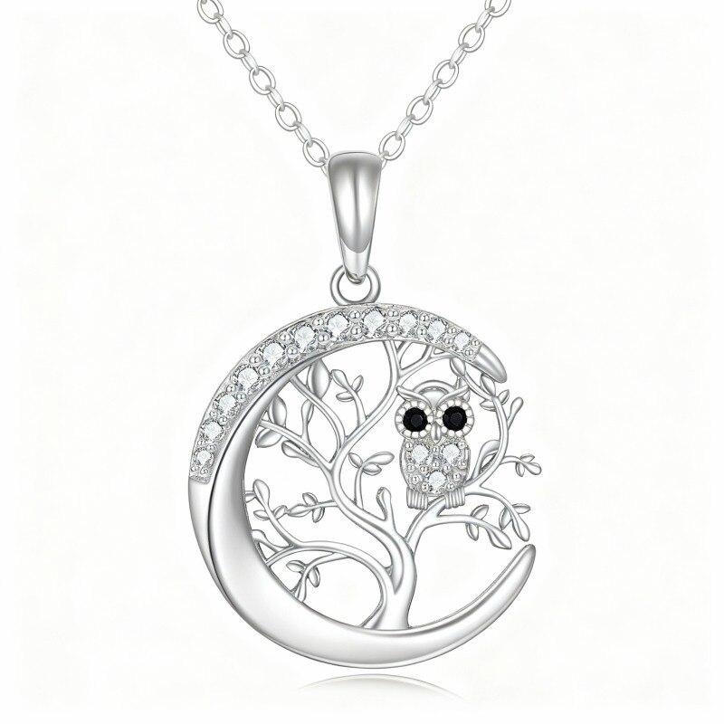 Collier pendentif hibou, arbre de vie et lune en or blanc 14 carats et zircon cubique-1