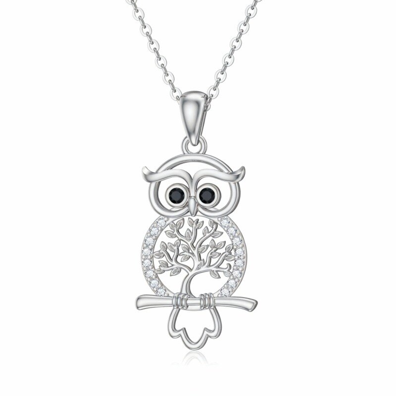 Collier pendentif hibou et arbre de vie en or blanc 10 carats et zircon cubique-1