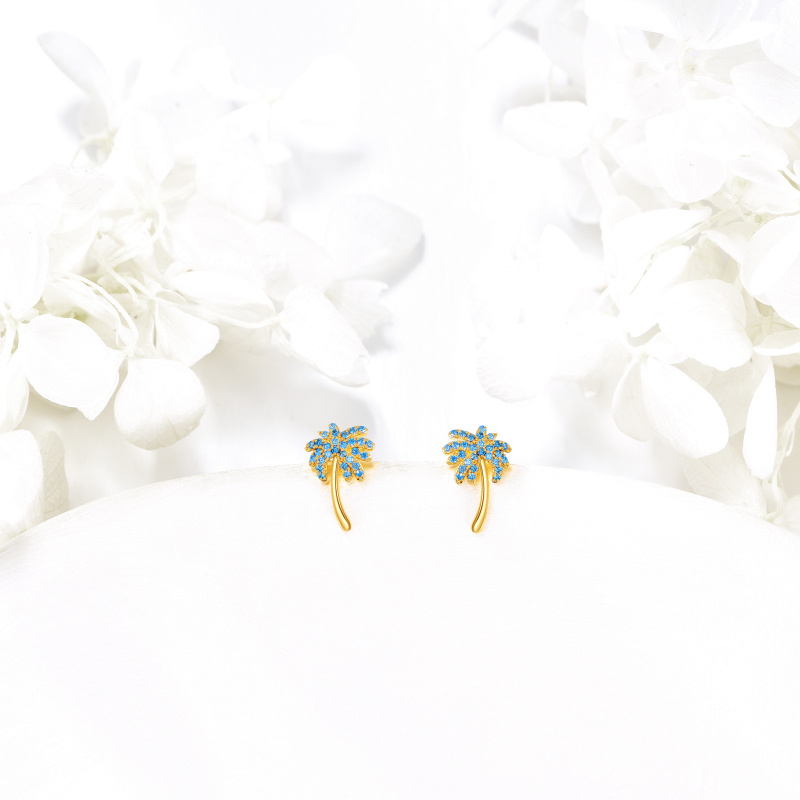 Pendientes de botón con forma de palmera en oro rosa de 14 quilates con circonitas cúbicas-4